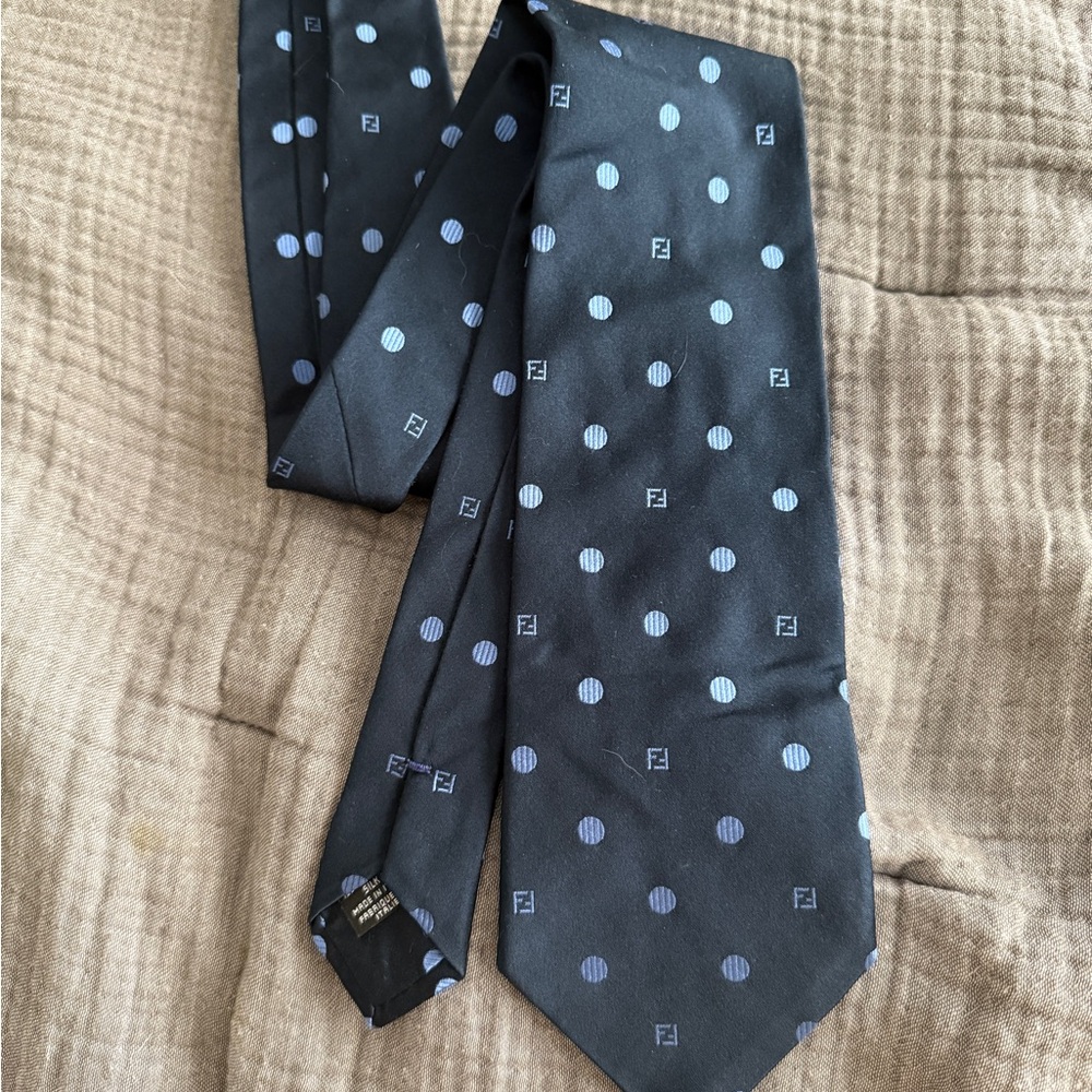 Fendi Blue and Black Silk Tie with Polka Dots